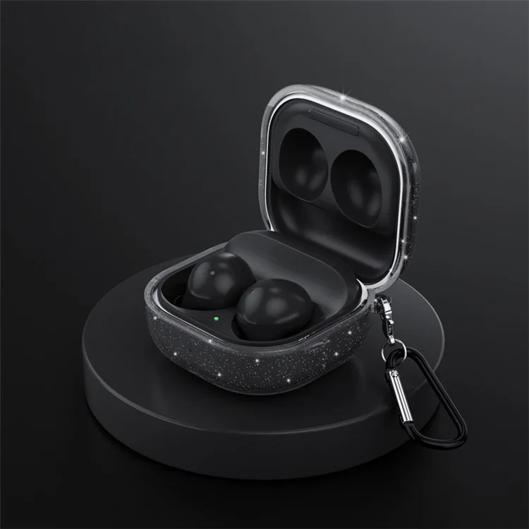 For Samsung Galaxy Buds Live / Buds Pro / Buds 2 / Buds 2 Pro Charging Case Cover Bluetooth Headset Protector Anti-Drop Glittery TPU Case with Buckle - Transparent Black